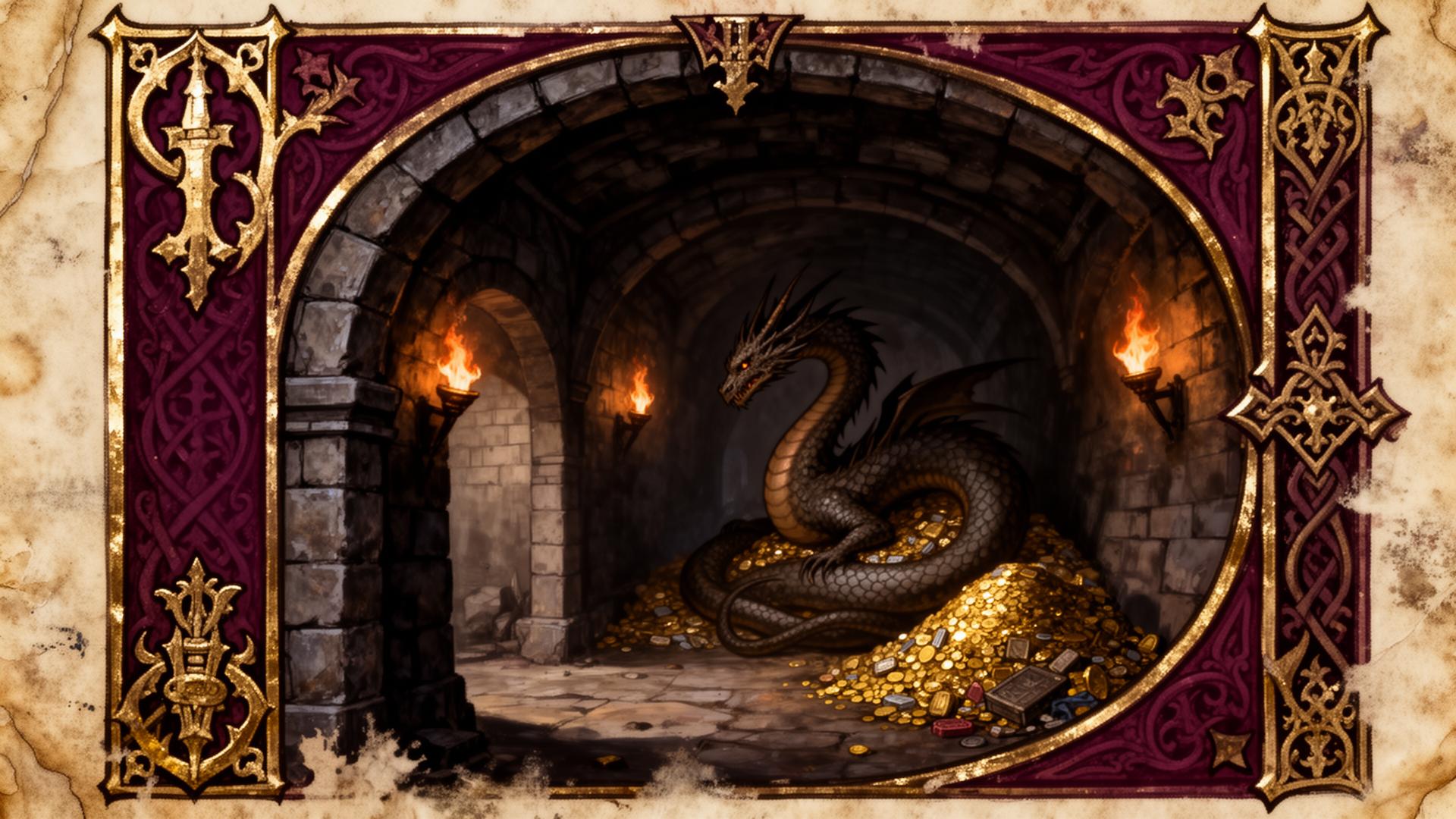 Illuminated manuscript depicting a dragon coiled upon its hoard within a torchlit dungeon